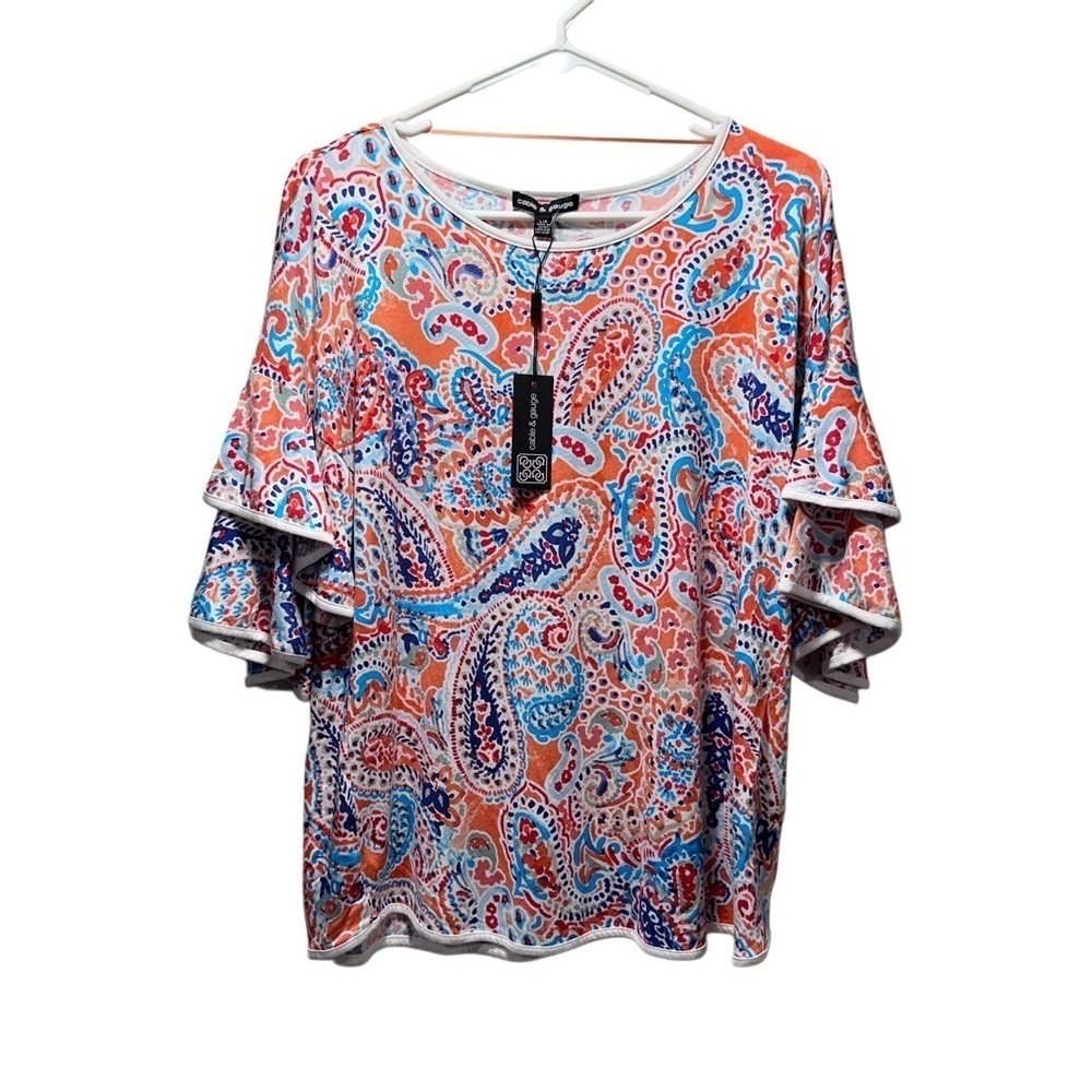 Cable & Gauge 3/4 Ruffle Bell Short Sleeve Blouse Paisley White Hem Large NWT - Picture 3 of 15